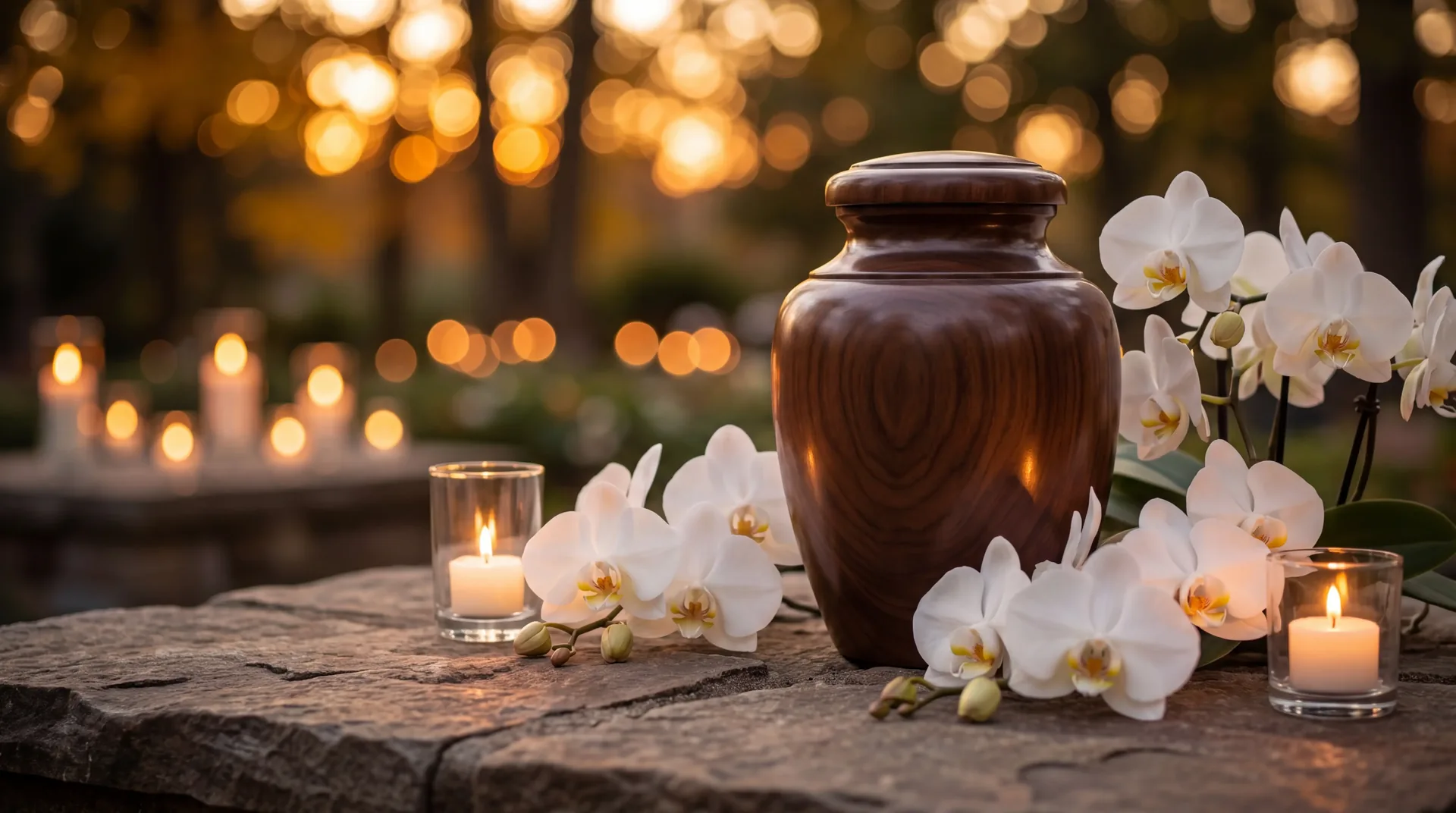 Urne mit Kerzen und weißen Orchideen