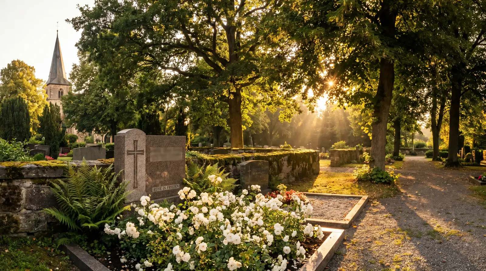 Dorffriedhof mit Kirchturm im Abendlicht