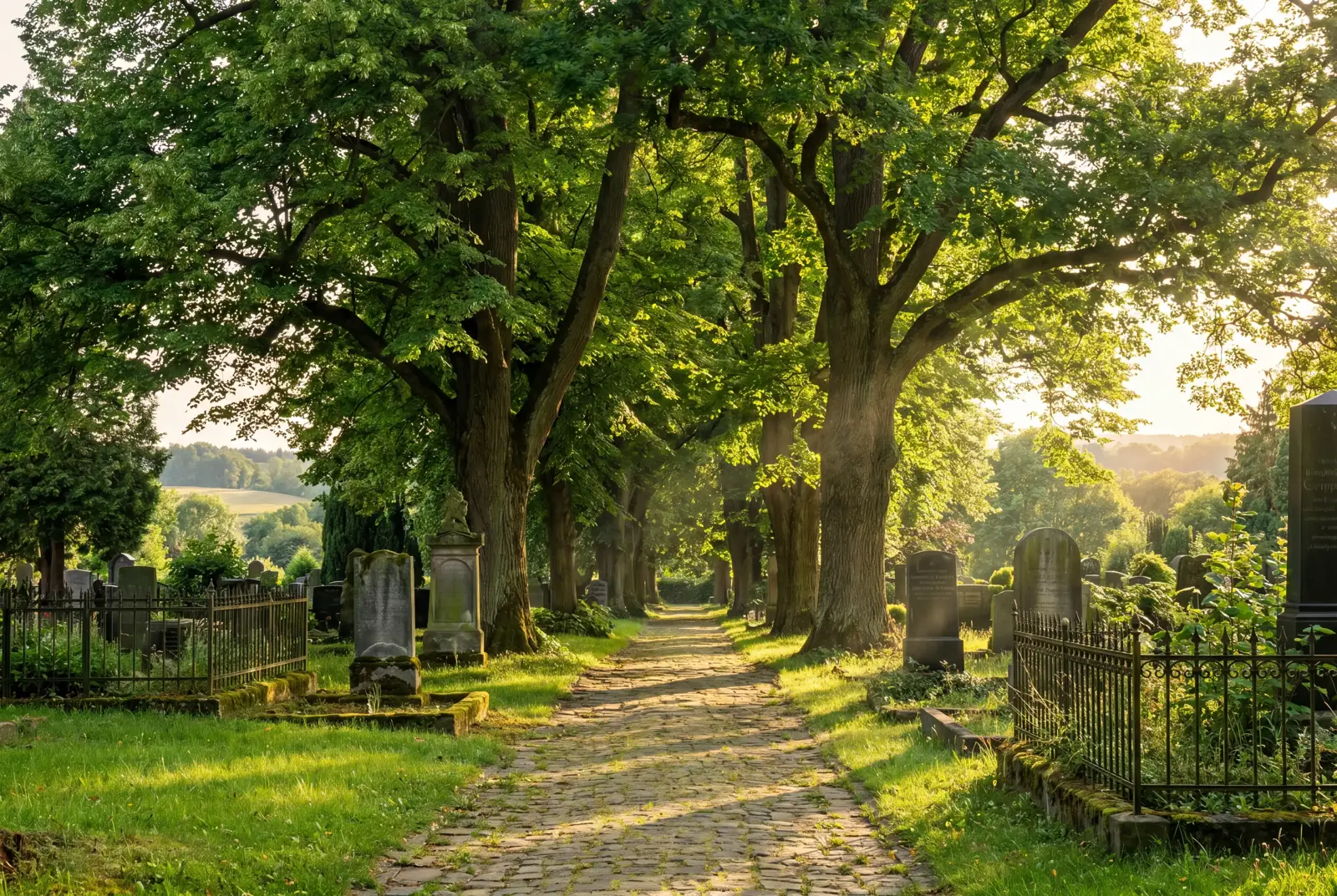 Baumallee auf einem Friedhof mit Blick in die Hügellandschaft